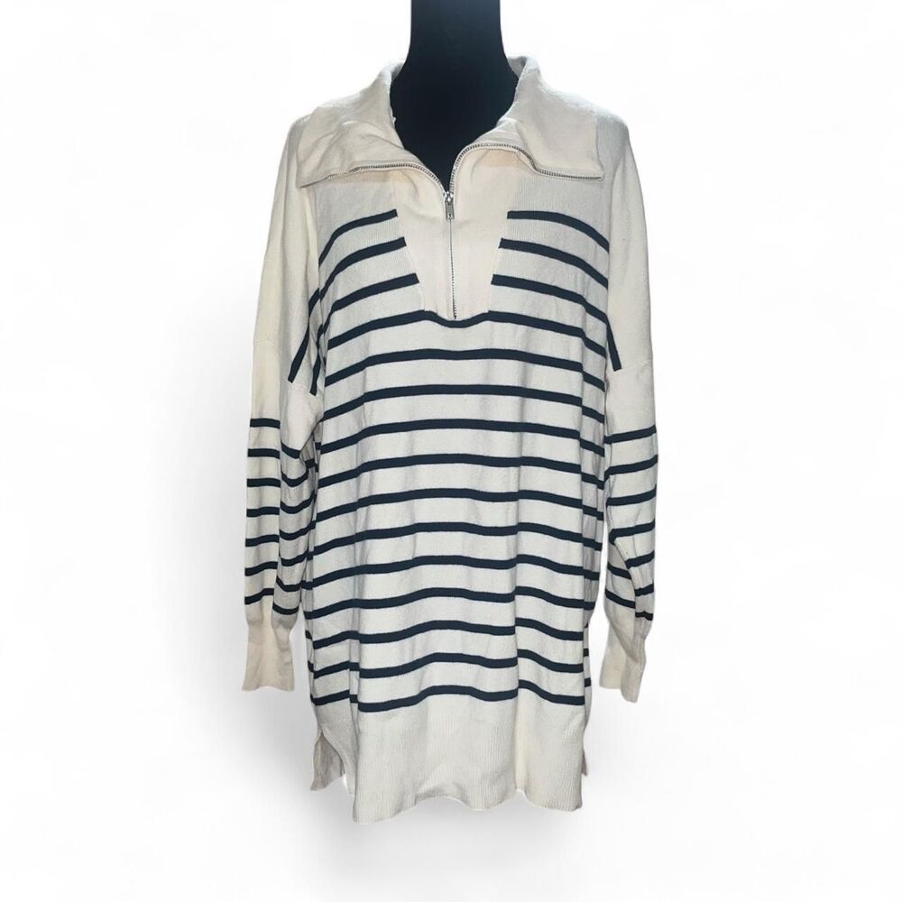 Pink Lily Women's Cream and Navy Knit Quarter Zip Sweater SZ M